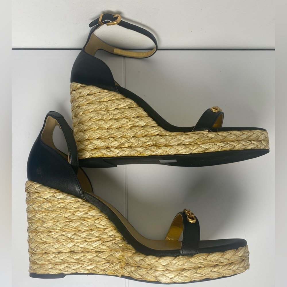 DONNA KARAN NWT & Box Yulissa Ankle Strap Nappa Black & Gold Wedge Sandals - Picture 7 of 7